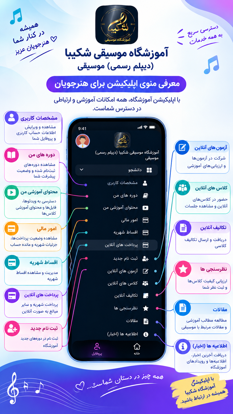 اپلیکیشن آموزشگاه موسیقی شکیبا چالوس